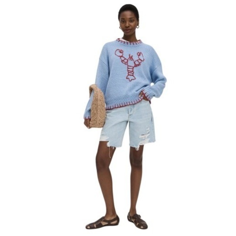 Women Lobster Sweater Pullover Blue Red Chunky Knit Casual Nautical Preppy Large - Picture 7 of 7